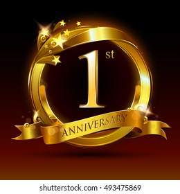 1st Golden Anniversary Logo, 1 Year Anniversary Celebration With Ring And Ribbon.