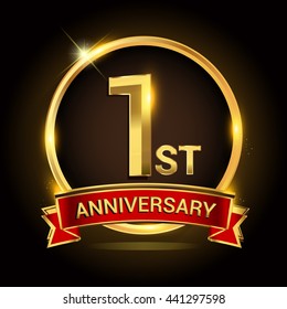 1st golden anniversary logo with ring and red ribbon isolated on black background, vector design for birthday celebration, marriage, corporate, and your business.