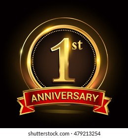 1st golden anniversary logo with ring and ribbon. Vector design template elements for your birthday celebration.
