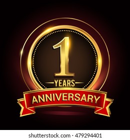 1st golden anniversary logo with ring and red ribbon. Vector design template elements for your birthday celebration.