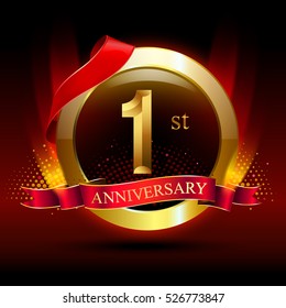 1st golden anniversary logo with ring and red ribbon. Vector design template elements for your birthday celebration.