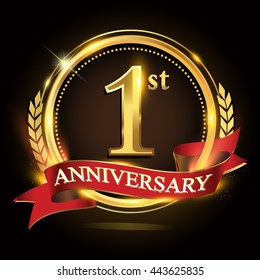 1st golden anniversary logo, with shiny ring and red ribbon, laurel wreath isolated on black background, vector design for birthday celebration.