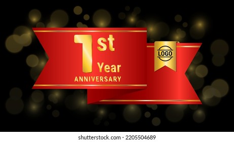 1st golden anniversary template design with red ribbon, logo vector illustration