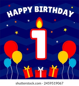 1st happy birthday card. invitation card. blue theme birthday with colourfull ballon and gift box element