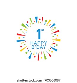 1st Happy Birthday logo, circle shape, colorful sunburst, red blue green yellow color