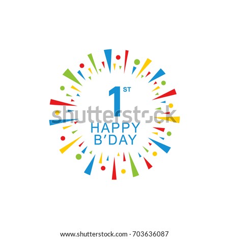 1st Happy Birthday logo, circle shape, colorful sunburst, red blue green yellow color