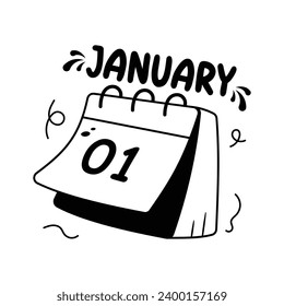 1st january date on calendar showing concept flat sticker of happy new year calendar icon, hand drawn vector of new year calendar