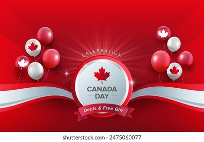 1st of July Canada Day design on red background. Holiday banners, posters, cards, flyers template. Vector illustration. 