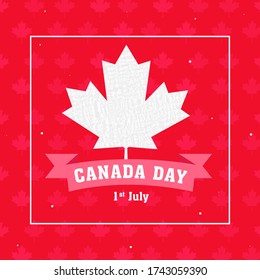 1º de julho, Texto do Dia do Canadá em fita rosa com folha de bordo pontilhada no fundo vermelho.