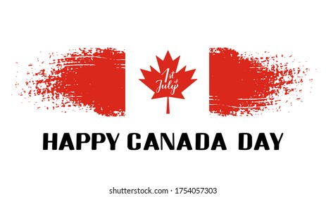 1st of July Canada Day typography poster. Calligraphy hand lettering and flag with red maple leaf. Vector template for Canadian holiday banner, party invitation, greeting card, flyer, etc.