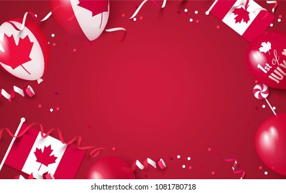 1st of July. Canada independence day celebration background with balloons, flag and confetti. Festive frame flat lay. Vector illustration