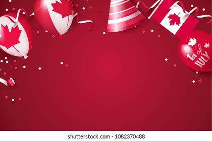 1st of July. Canada independence day celebration background with balloons, flag and confetti. Festive border flat lay. Vector illustration