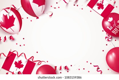 1st of July. Canada independence day celebration background with balloons, flag and confetti. Festive frame flat lay. Vector illustration