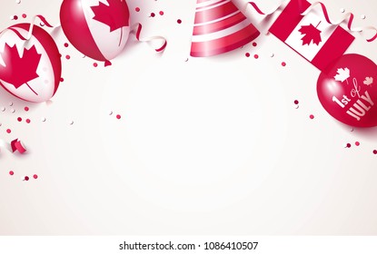 1st of July. Canada independence day celebration background with balloons, flag and confetti. Festive border flat lay. Vector illustration