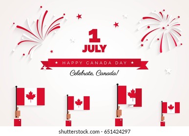 1st of July. Happy Canada Day greeting card. Celebration background with fireworks, flags and text. Vector illustration