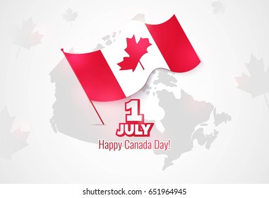 1st of July. Happy Canada Day greeting card. Celebration background with waving flag and map. Vector illustration