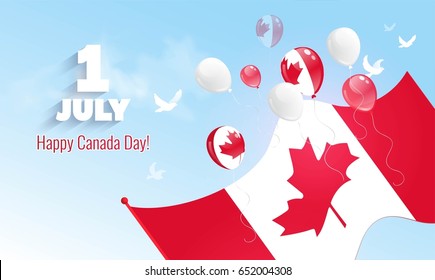 1st of July. Happy Canada Day greeting card. Celebration background with waving flag and flying balloons. Vector illustration