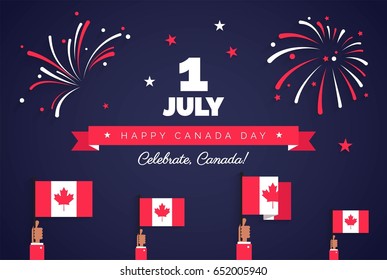 1st of July. Happy Canada Day greeting card. Celebration background with fireworks, flags and text. Vector illustration