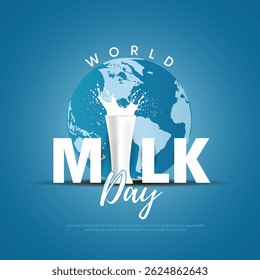 1 de junho - Dia Mundial do Leite. Milk encheu-se de um copo de leite, banner criativo do Dia Mundial do Leite, cartaz, post nas redes sociais. Ilustração vetorial EPS10.
