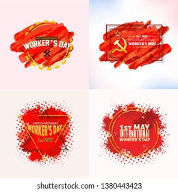 1st May Concept Banner Set. Watercolors Style Worker's Day Greeting Card Design Collection