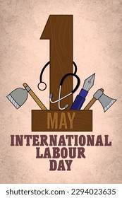 1st may - happy labour day. Labor day tools and equipment for work in construction. Labor Day Poster with black background.