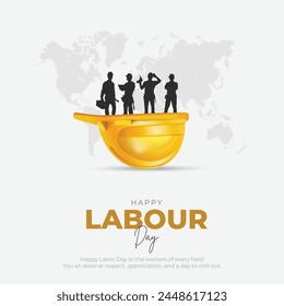 1. Mai - Happy Labor Day Post und Grußkarte. Internationale Feier zum Tag der Arbeit. Minimal und Modern Labor Day Banner mit Text- und Cap-Vektorillustration