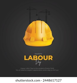 1. Mai - Happy Labor Day Post und Grußkarte. Internationale Feier zum Tag der Arbeit. Minimal und Modern Labor Day Banner mit Text- und Cap-Vektorillustration