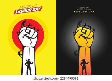 1st May. International labor day. Happy Labour Day, First of May with a clenched fist. Happy labor day poster with a strong fist on a yellow, black background. Banner, level, card Vector Design.