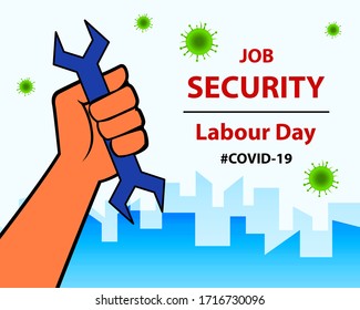 1st May International Labour Day greeting with hands of labourer representing power. Employees and labourers wants job security and compensation due to situations of covid-19 pandemic.