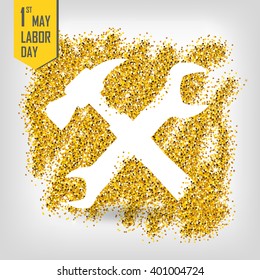 1st May - Labor Day logo Poster. Gold glitter. Gold background for flyer, poster, sign, banner, web, header. Abstract golden background for eighth march. Gold blur background.