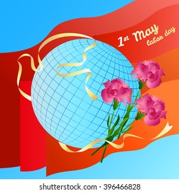 1st may Labor day vector illustration. Globe and silhouette dove white banner on red flags background. Bouquet of carnations.