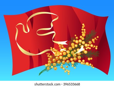 1st may Labor day vector illustration.Silhouette dove white banner on red flags background. Bouquet of mimosa.