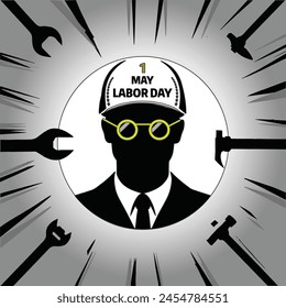 1 de mayo Día del Trabajo, Derechos de los Trabajadores 1 de mayo Día Internacional del Trabajo, Gracias a todos los trabajadores por su duro trabajo, construcción, sombrero de seguridad, herramientas de trabajo. Archivo editable Eps.