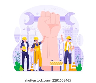 1st May Labour Day Illustration. Construction workers with A giant Raise arm fist statue. Workers Day. Vector Illustration