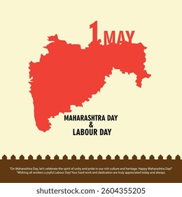 1st May Maharashtra Day and Labour Day Illustration – Red Map Silhouette with Festive Message – Perfect for State Formation Celebrations, Workers' Rights Awareness, and Social Media.