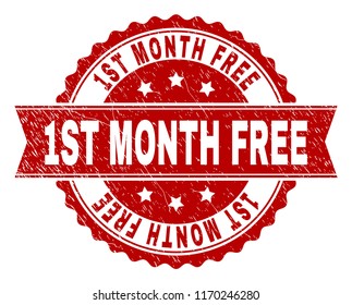 1ST MONTH FREE seal print with corroded texture. Rubber seal imitation has round medallion form and contains ribbon. Red vector rubber print of 1ST MONTH FREE label with grunge texture.