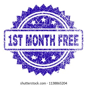 1ST MONTH FREE stamp watermark with dirty style. Blue vector rubber seal print of 1ST MONTH FREE title with unclean texture.