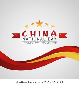 1 de outubro de 2024 China feliz dia nacional comemoração projeto de saudação. Bandeiras e estrelas chinesas 3D onduladas isoladas sobre fundo branco. Plano de fundo simples e ilustração vetorial da China