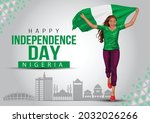 1st October Nigeria Independence Day. young girl running with holding Nigeria flag in her hands behind. vector illustration	
