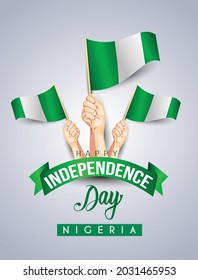 1st October Nigeria Independence Day template. man hand holding with Nigerian flag. vector illustration design.