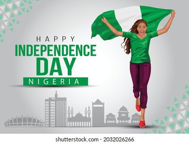 1st October Nigeria Independence Day. young girl running with holding Nigeria flag in her hands behind. vector illustration	