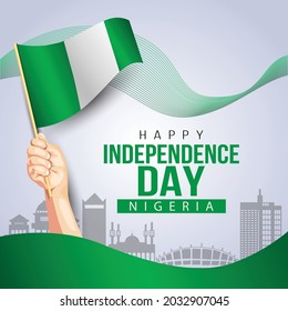 1st October Nigeria Independence Day template. man hand holding with Nigerian flag. vector illustration design.