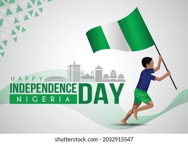 1st October Nigeria Independence Day template. boy running with flag. vector illustration	