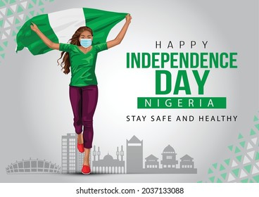 1st October Nigeria Independence Day. young girl running with Nigeria flag. vector illustration. coronavirus, covid-19 concept	