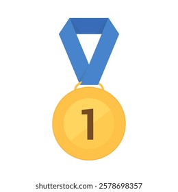 1st palce gold medal with blue ribbon. Vector icon for use in contexts related to awards, competitions, achievements, and recognition of excellence