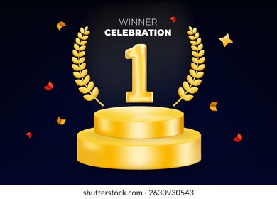 1st place celebration, yellow golden bay leaf with yellow podium and confetti. Vector illustrator
