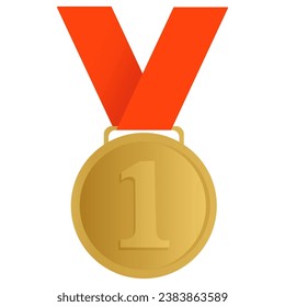 1st Place Gold Medal with Red Ribbon Vector Illustration Icon