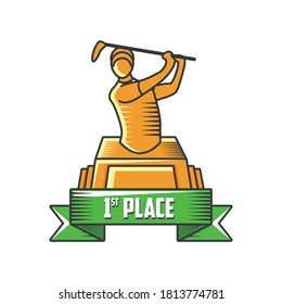 1.ª etiqueta de lugar con trofeo de golf en el diseño de ilustraciones vectoriales de fondo blanco