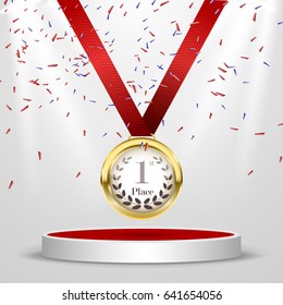 1st place Poster or brochure template. Vector illustration.Podium award, medal for the first place. Gold medal.