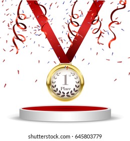 1st place Poster or brochure template. Podium award, medal for the first place. Gold medal. Vector illustration.
